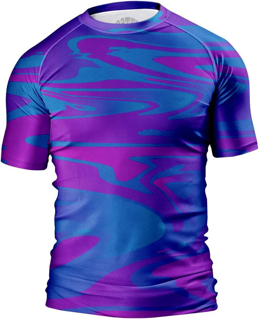 O2TEE Men's Fluid Art Short Sleeve BJJ Rash Guard – Blue Purple Fluid