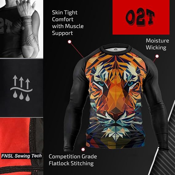O2TEE Mens Jiu Jitsu Rash Guards Compression MMA Shirt
