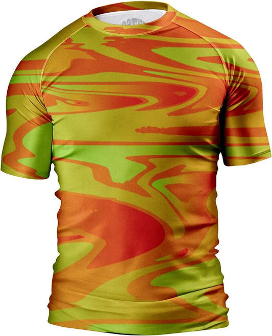O2TEE Men's Fluid Art Short Sleeve BJJ Rash Guard – Lava Orange Green