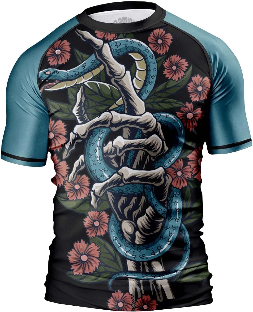 O2TEE Men's Snake BJJ Rash Guard – Teal Floral Skull